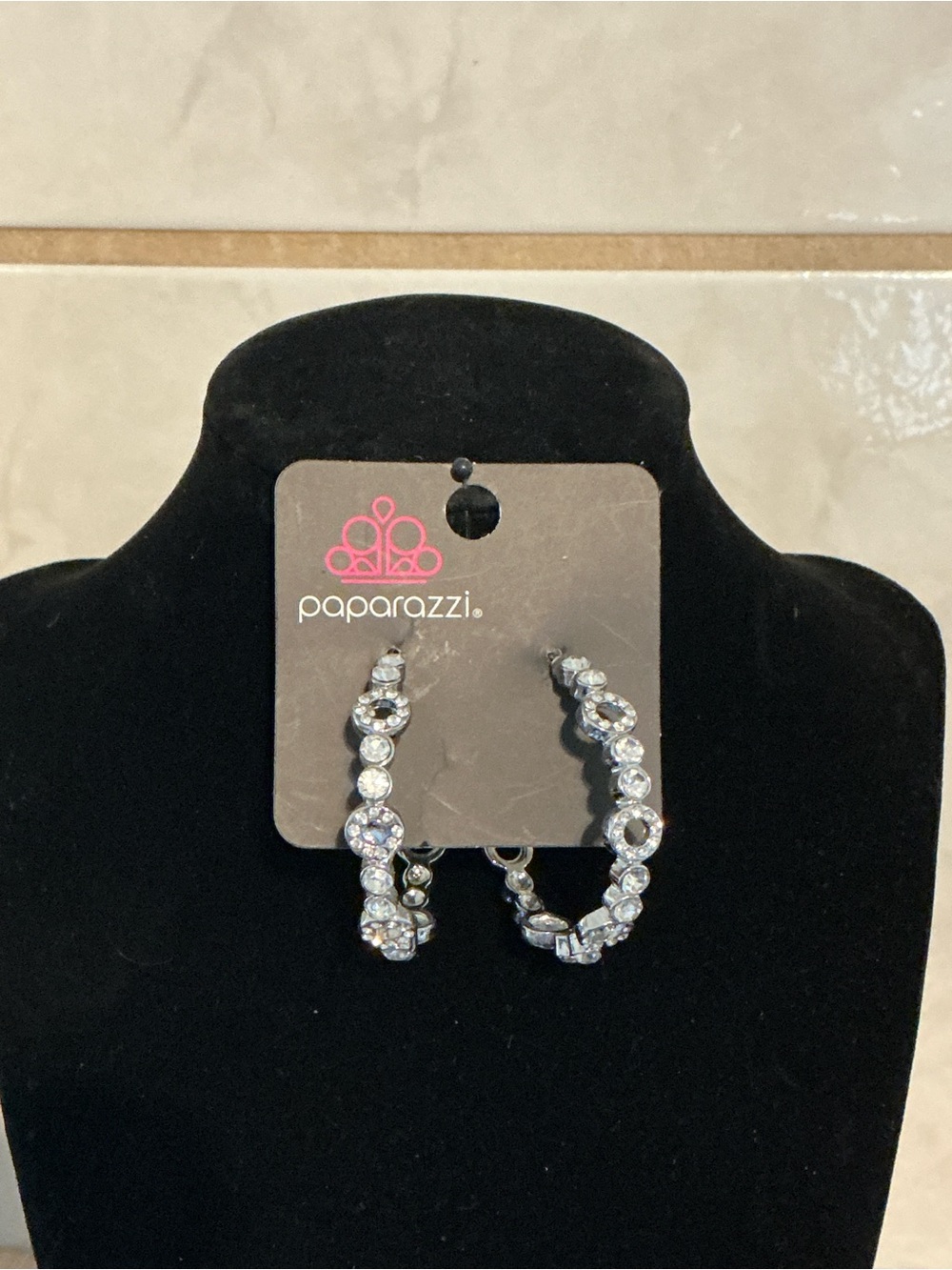 paparazzi Silver Rhinestone Hoop Earrings - Clear Sparkle